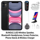 Restored Apple iPhone 11 Fully Unlocked Bundle: LED Wireless Speaker, Bluetooth Headphones, Screen Protector, Wireless Charger, & Phone Stand (Refurbished)