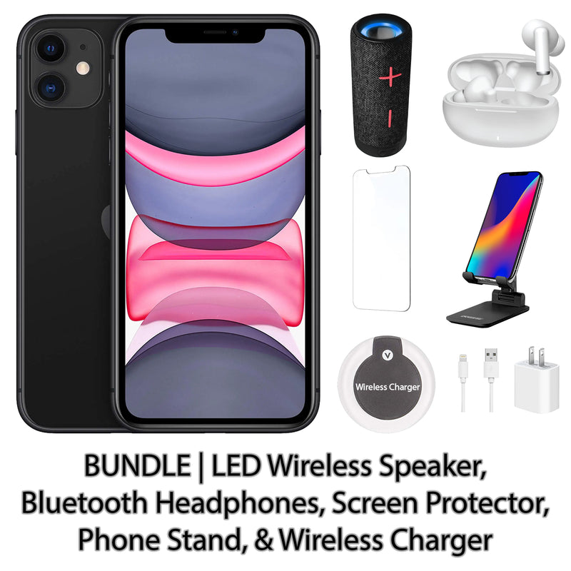 Restored Apple iPhone 11 Fully Unlocked Bundle: LED Wireless Speaker, Bluetooth Headphones, Screen Protector, Wireless Charger, & Phone Stand (Refurbished)