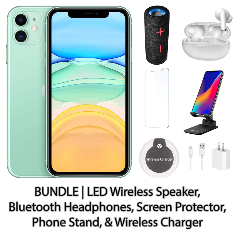 Restored Apple iPhone 11 Fully Unlocked Bundle: LED Wireless Speaker, Bluetooth Headphones, Screen Protector, Wireless Charger, & Phone Stand (Refurbished)