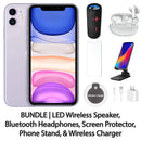 Restored Apple iPhone 11 Fully Unlocked Bundle: LED Wireless Speaker, Bluetooth Headphones, Screen Protector, Wireless Charger, & Phone Stand (Refurbished)