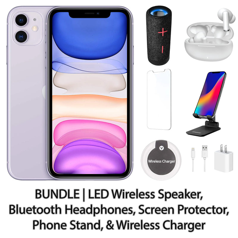 Restored Apple iPhone 11 Fully Unlocked Bundle: LED Wireless Speaker, Bluetooth Headphones, Screen Protector, Wireless Charger, & Phone Stand (Refurbished)