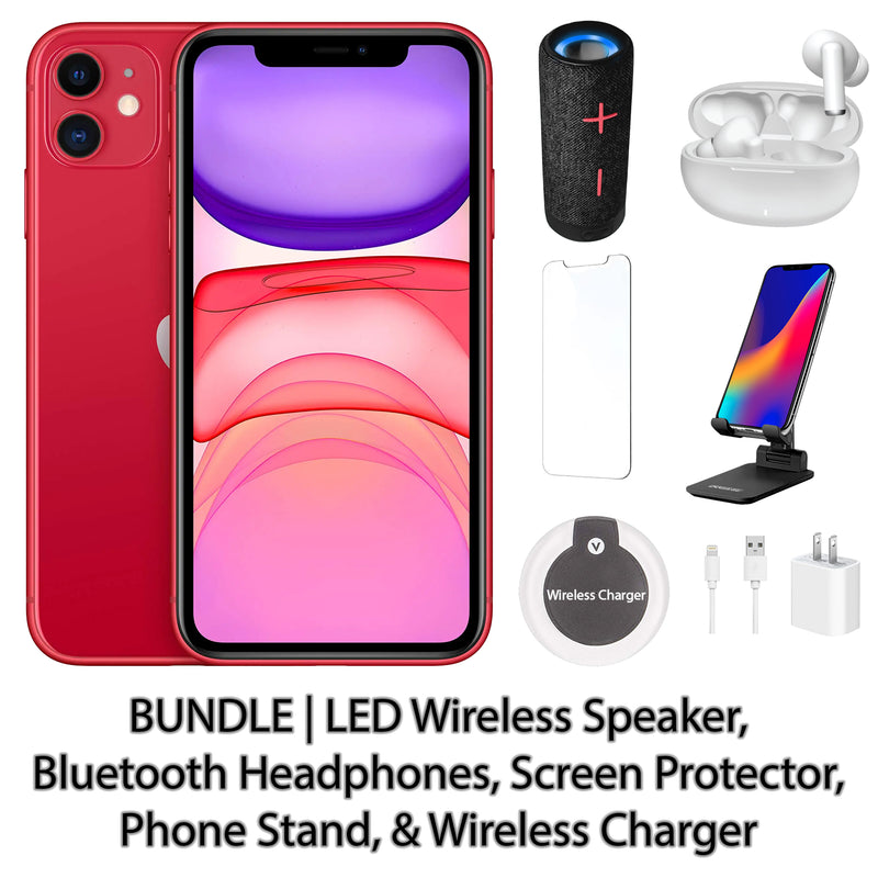 Restored Apple iPhone 11 Fully Unlocked Bundle: LED Wireless Speaker, Bluetooth Headphones, Screen Protector, Wireless Charger, & Phone Stand (Refurbished)