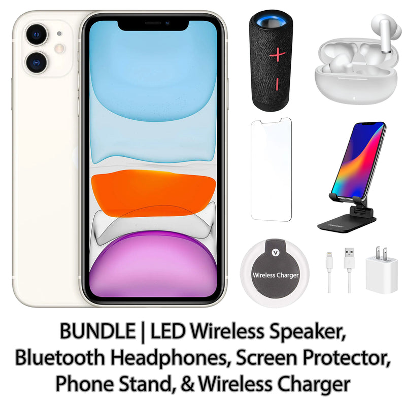 Restored Apple iPhone 11 Fully Unlocked Bundle: LED Wireless Speaker, Bluetooth Headphones, Screen Protector, Wireless Charger, & Phone Stand (Refurbished)