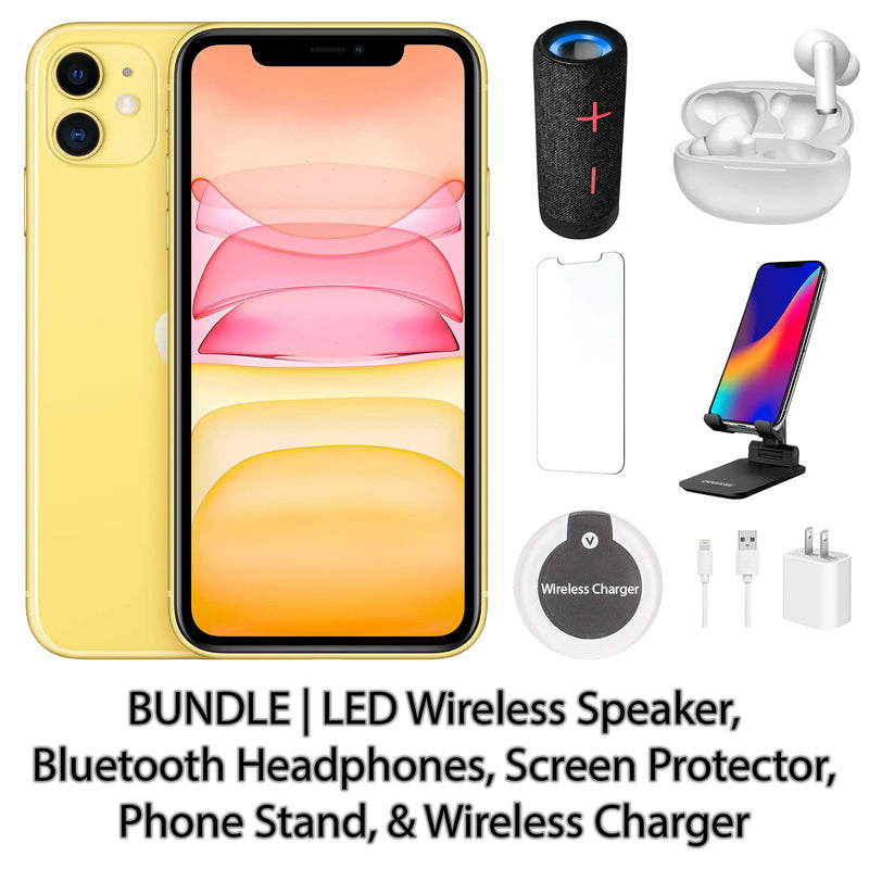 Restored Apple iPhone 11 Fully Unlocked Bundle: LED Wireless Speaker, Bluetooth Headphones, Screen Protector, Wireless Charger, & Phone Stand (Refurbished)
