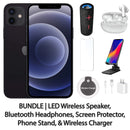 Restored Apple iPhone 12 Fully Unlocked Bundle: LED Wireless Speaker, Bluetooth Headphones, Screen Protector, Wireless Charger, & Phone Stand (Refurbished)