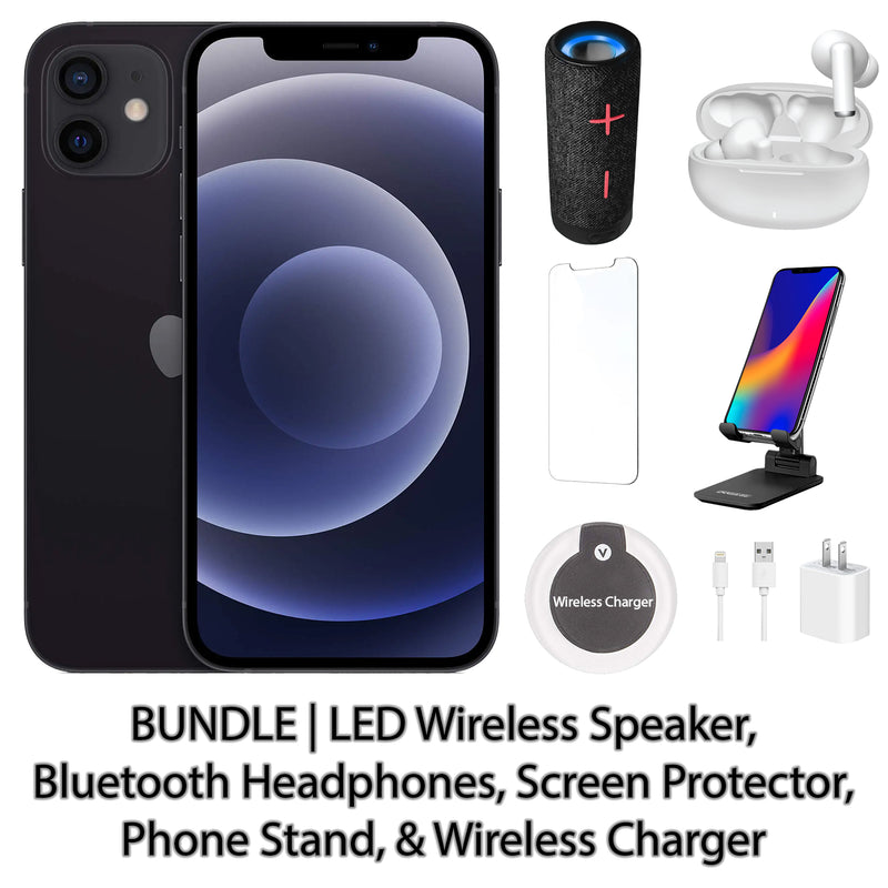 Restored Apple iPhone 12 Fully Unlocked Bundle: LED Wireless Speaker, Bluetooth Headphones, Screen Protector, Wireless Charger, & Phone Stand (Refurbished)