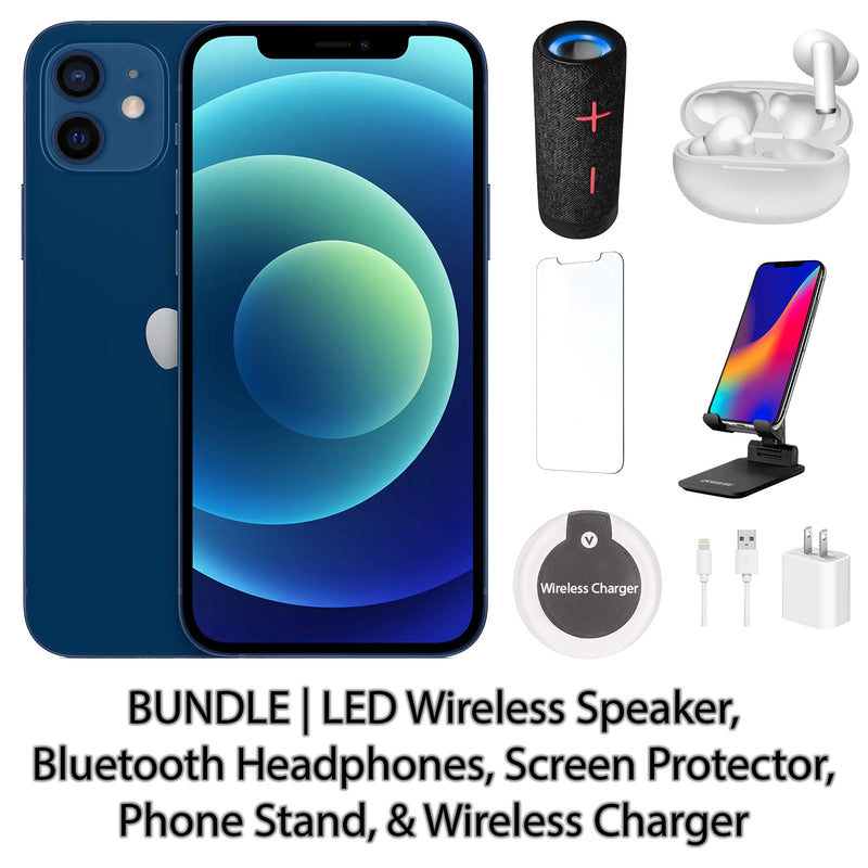 Restored Apple iPhone 12 Fully Unlocked Bundle: LED Wireless Speaker, Bluetooth Headphones, Screen Protector, Wireless Charger, & Phone Stand (Refurbished)