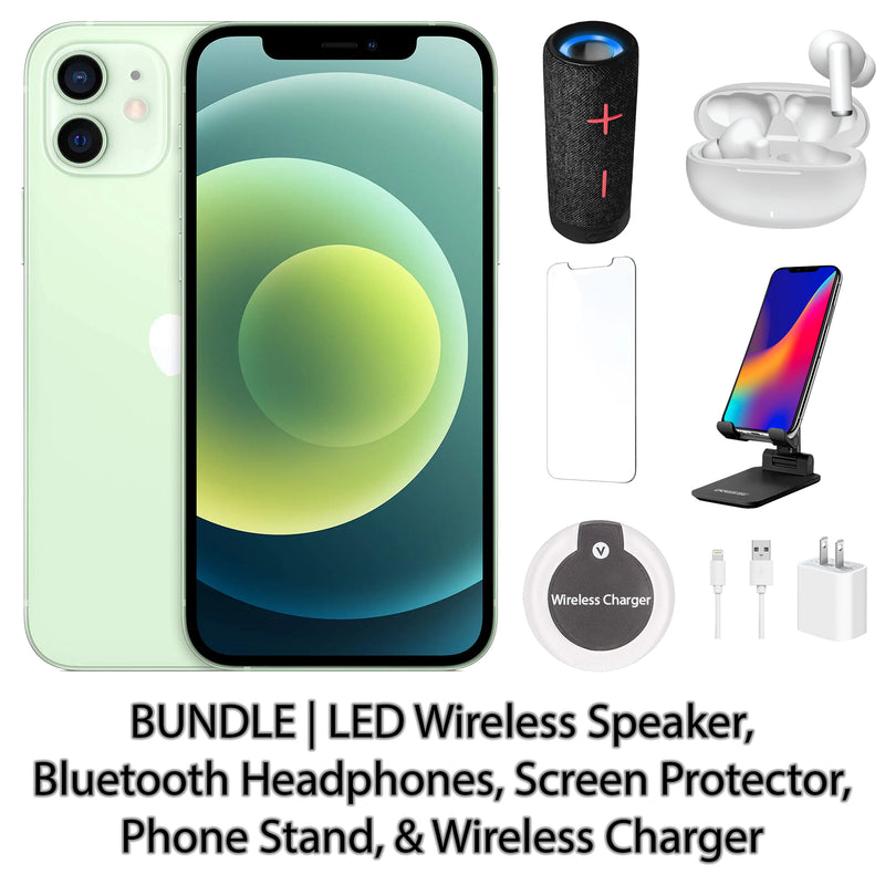 Restored Apple iPhone 12 Fully Unlocked Bundle: LED Wireless Speaker, Bluetooth Headphones, Screen Protector, Wireless Charger, & Phone Stand (Refurbished)