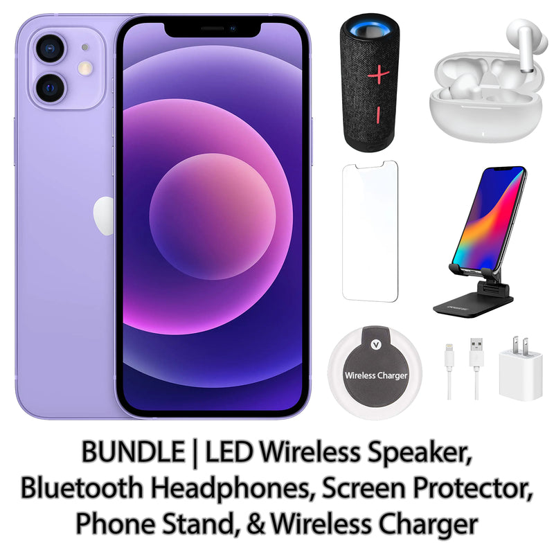Restored Apple iPhone 12 Fully Unlocked Bundle: LED Wireless Speaker, Bluetooth Headphones, Screen Protector, Wireless Charger, & Phone Stand (Refurbished)