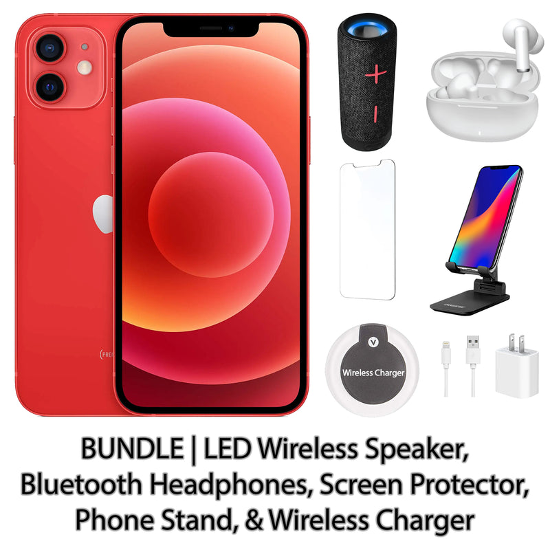 Restored Apple iPhone 12 Fully Unlocked Bundle: LED Wireless Speaker, Bluetooth Headphones, Screen Protector, Wireless Charger, & Phone Stand (Refurbished)