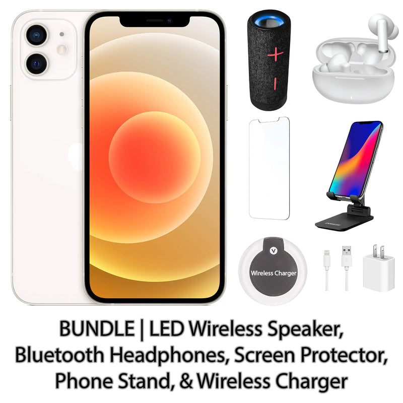 Restored Apple iPhone 12 Fully Unlocked Bundle: LED Wireless Speaker, Bluetooth Headphones, Screen Protector, Wireless Charger, & Phone Stand (Refurbished)