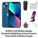 Restored Apple iPhone 13 Fully Unlocked Bundle: LED Wireless Speaker, Bluetooth Headphones, Screen Protector, Wireless Charger, & Phone Stand (Refurbished)
