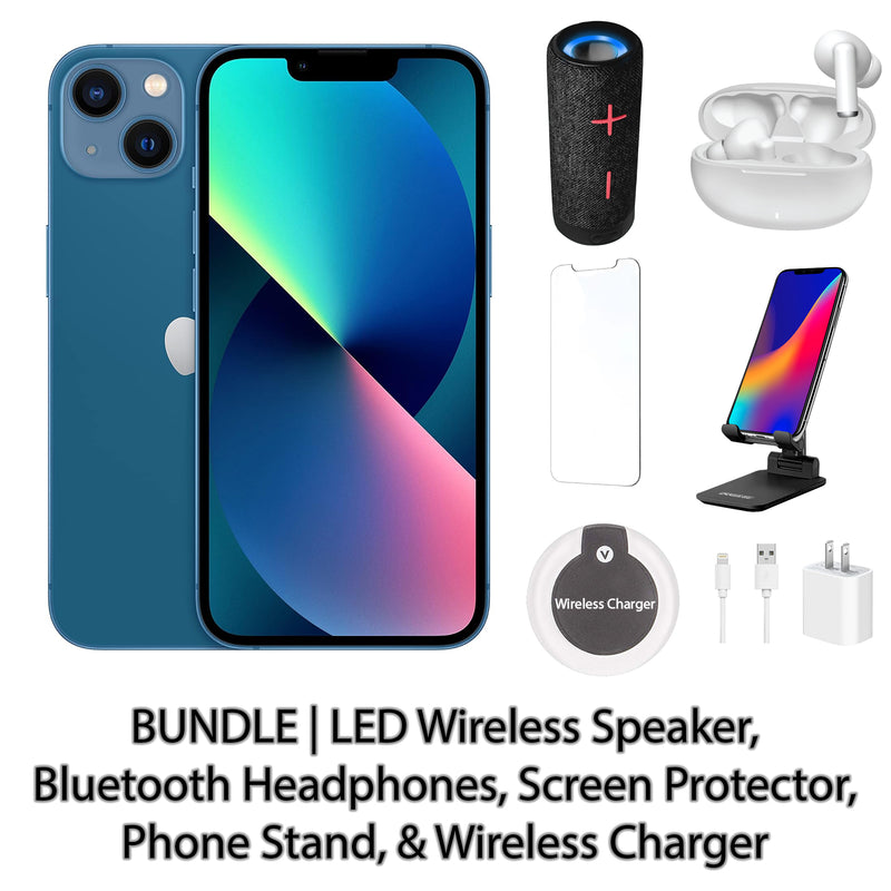 Restored Apple iPhone 13 Fully Unlocked Bundle: LED Wireless Speaker, Bluetooth Headphones, Screen Protector, Wireless Charger, & Phone Stand (Refurbished)