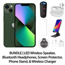 Restored Apple iPhone 13 Fully Unlocked Bundle: LED Wireless Speaker, Bluetooth Headphones, Screen Protector, Wireless Charger, & Phone Stand (Refurbished)