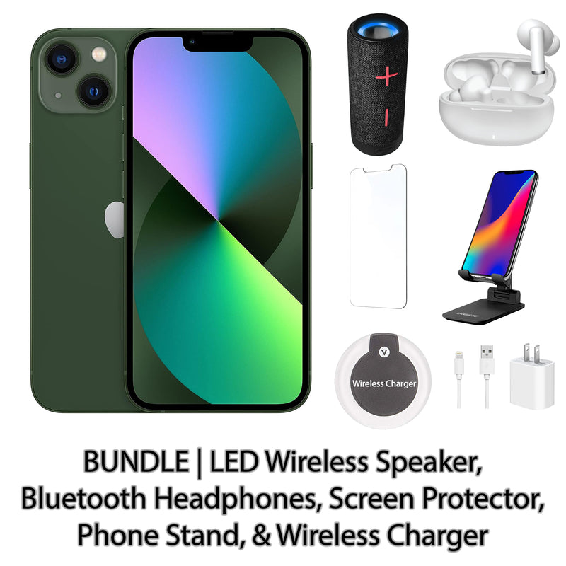 Restored Apple iPhone 13 Fully Unlocked Bundle: LED Wireless Speaker, Bluetooth Headphones, Screen Protector, Wireless Charger, & Phone Stand (Refurbished)