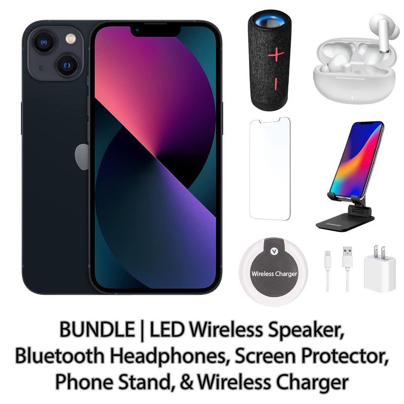 Restored Apple iPhone 13 Fully Unlocked Bundle: LED Wireless Speaker, Bluetooth Headphones, Screen Protector, Wireless Charger, & Phone Stand (Refurbished)