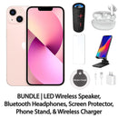 Restored Apple iPhone 13 Fully Unlocked Bundle: LED Wireless Speaker, Bluetooth Headphones, Screen Protector, Wireless Charger, & Phone Stand (Refurbished)
