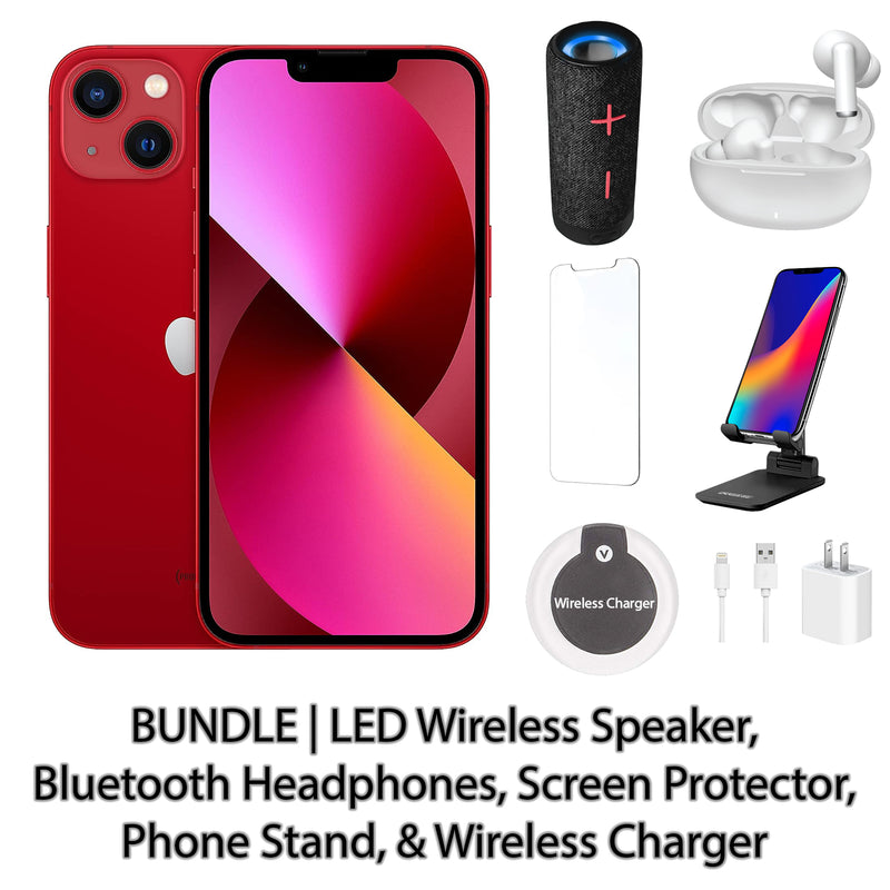 Restored Apple iPhone 13 Fully Unlocked Bundle: LED Wireless Speaker, Bluetooth Headphones, Screen Protector, Wireless Charger, & Phone Stand (Refurbished)