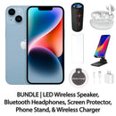 Restored Apple iPhone 14 Fully Unlocked Bundle: LED Wireless Speaker, Bluetooth Headphones, Screen Protector, Wireless Charger, & Phone Stand (Refurbished)