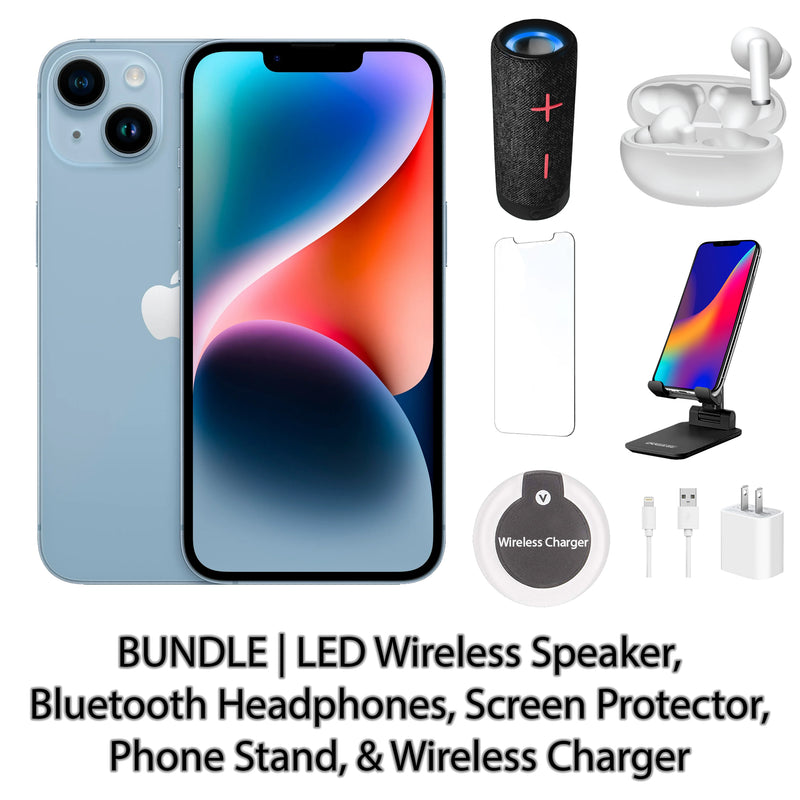 Restored Apple iPhone 14 Fully Unlocked Bundle: LED Wireless Speaker, Bluetooth Headphones, Screen Protector, Wireless Charger, & Phone Stand (Refurbished)