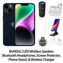 Restored Apple iPhone 14 Fully Unlocked Bundle: LED Wireless Speaker, Bluetooth Headphones, Screen Protector, Wireless Charger, & Phone Stand (Refurbished)