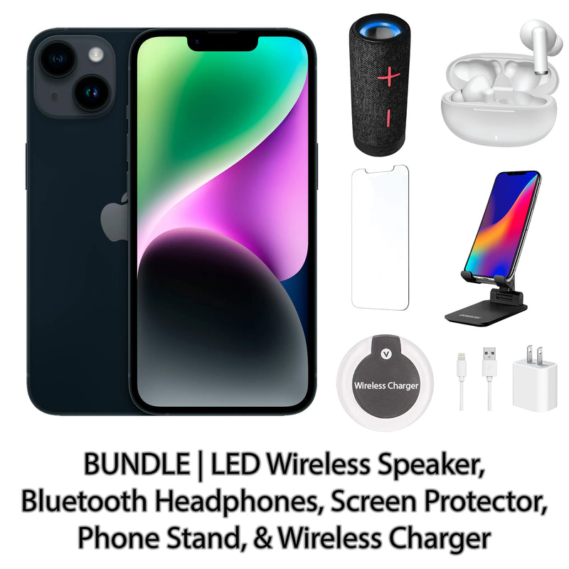 Restored Apple iPhone 14 Fully Unlocked Bundle: LED Wireless Speaker, Bluetooth Headphones, Screen Protector, Wireless Charger, & Phone Stand (Refurbished)