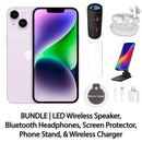 Restored Apple iPhone 14 Fully Unlocked Bundle: LED Wireless Speaker, Bluetooth Headphones, Screen Protector, Wireless Charger, & Phone Stand (Refurbished)