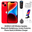 Restored Apple iPhone 14 Fully Unlocked Bundle: LED Wireless Speaker, Bluetooth Headphones, Screen Protector, Wireless Charger, & Phone Stand (Refurbished)