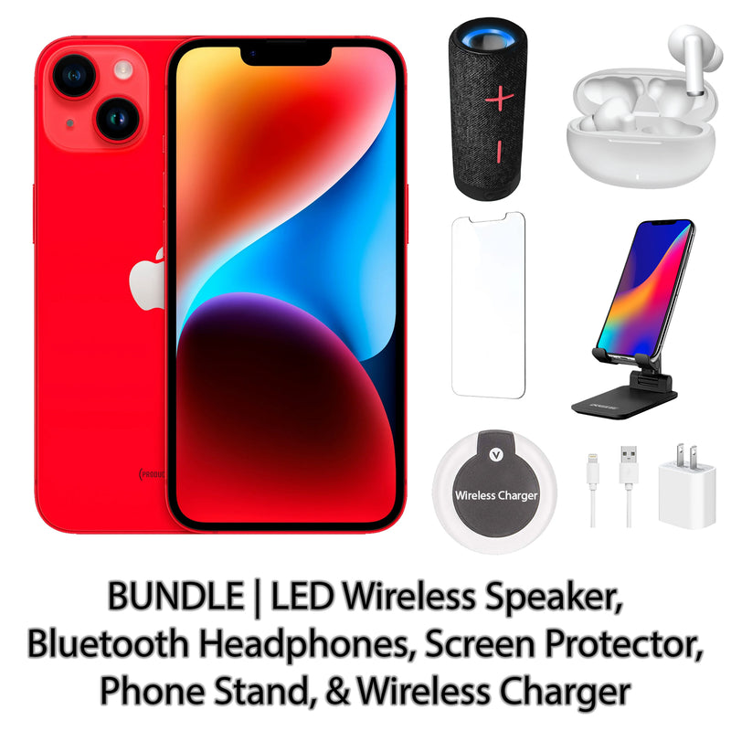 Restored Apple iPhone 14 Fully Unlocked Bundle: LED Wireless Speaker, Bluetooth Headphones, Screen Protector, Wireless Charger, & Phone Stand (Refurbished)