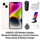 Restored Apple iPhone 14 Fully Unlocked Bundle: LED Wireless Speaker, Bluetooth Headphones, Screen Protector, Wireless Charger, & Phone Stand (Refurbished)