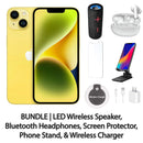 Restored Apple iPhone 14 Fully Unlocked Bundle: LED Wireless Speaker, Bluetooth Headphones, Screen Protector, Wireless Charger, & Phone Stand (Refurbished)