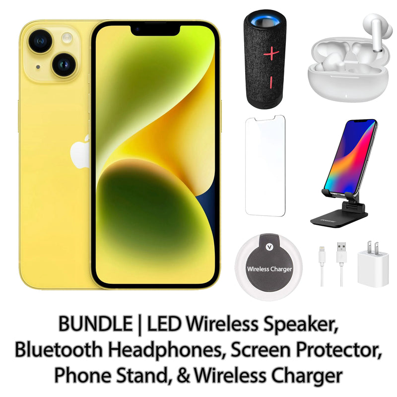 Restored Apple iPhone 14 Fully Unlocked Bundle: LED Wireless Speaker, Bluetooth Headphones, Screen Protector, Wireless Charger, & Phone Stand (Refurbished)