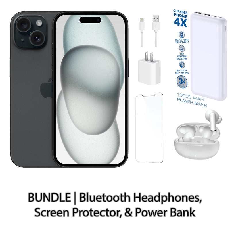 Restored Apple iPhone 15 Fully Unlocked Bundle with 10,000 mAh Powerbank & Bluetooth Headphones (Refurbished)