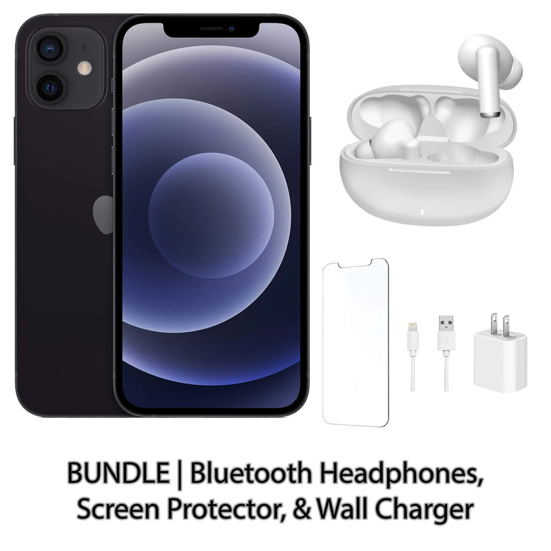 Restored Apple iPhone 12 Fully Unlocked Bundle: Bluetooth Headphones, Screen Protector, & Wall Charger (Refurbished)