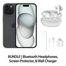 Restored Apple iPhone 15 Fully Unlocked Bundle: Bluetooth Headphones, Screen Protector, & Wall Charger (Refurbished)