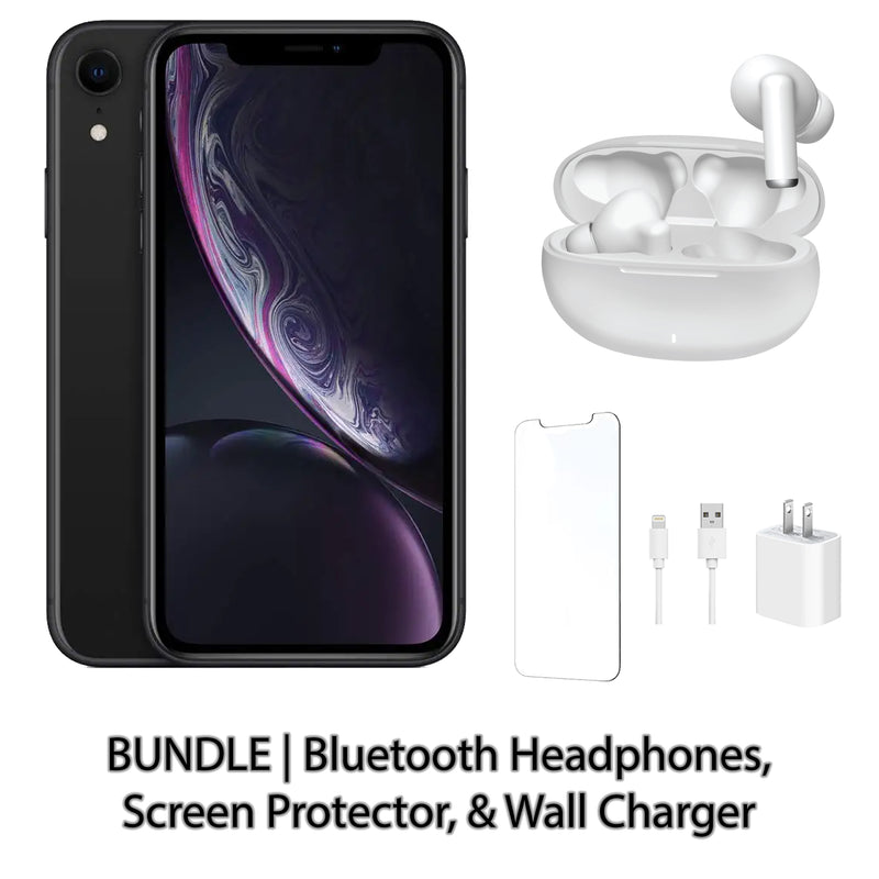 Restored Apple iPhone XR Fully Unlocked Bundle: Bluetooth Headphones, Screen Protector, & Wall Charger (Refurbished)