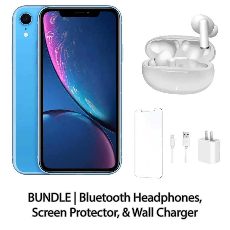 Restored Apple iPhone XR Fully Unlocked Bundle: Bluetooth Headphones, Screen Protector, & Wall Charger (Refurbished)