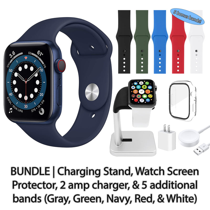Restored Apple Watch Series 6 (GPS) Bundle 5 Bonus Bands, Charging Stand, Screen Protector, & 2 amp charger (Refurbished)