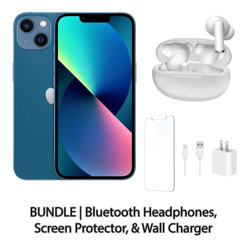 Restored Apple iPhone 13 Fully Unlocked Bundle: Bluetooth Headphones, Screen Protector, & Wall Charger (Refurbished)