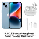 Restored Apple iPhone 14 Fully Unlocked Bundle: Bluetooth Headphones, Screen Protector, & Wall Charger (Refurbished)