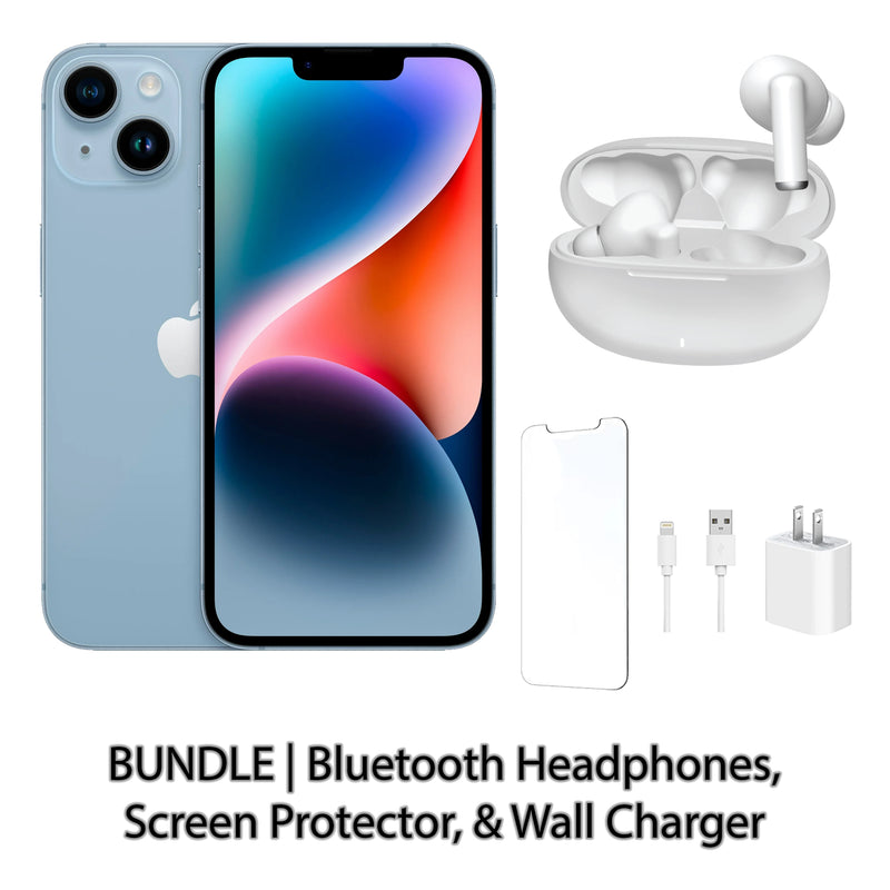 Restored Apple iPhone 14 Fully Unlocked Bundle: Bluetooth Headphones, Screen Protector, & Wall Charger (Refurbished)