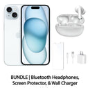 Restored Apple iPhone 15 Fully Unlocked Bundle: Bluetooth Headphones, Screen Protector, & Wall Charger (Refurbished)