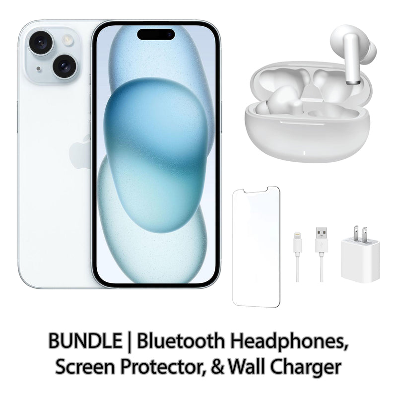Restored Apple iPhone 15 Fully Unlocked Bundle: Bluetooth Headphones, Screen Protector, & Wall Charger (Refurbished)