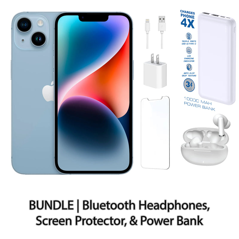 Restored Apple iPhone 14 Fully Unlocked Bundle with 10,000 mAh Powerbank & Bluetooth Headphones (Refurbished)