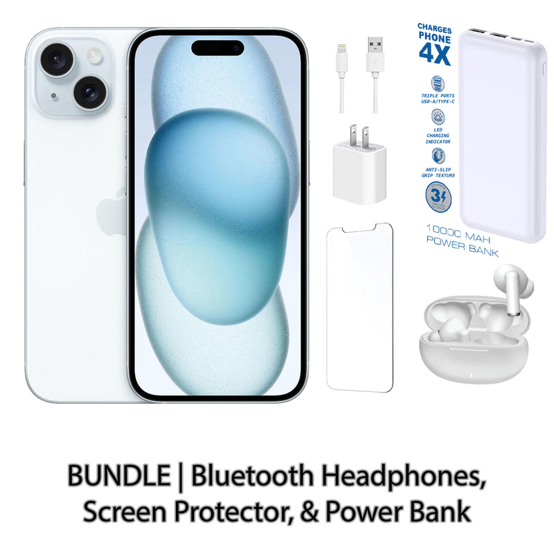 Restored Apple iPhone 15 Fully Unlocked Bundle with 10,000 mAh Powerbank & Bluetooth Headphones (Refurbished)