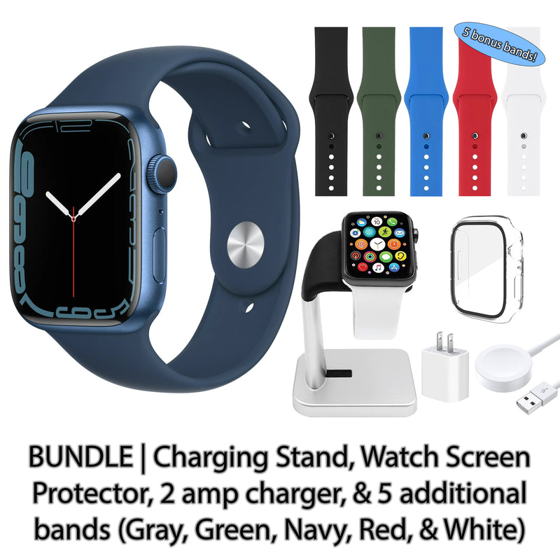 Restored Apple Watch Series 7 (GPS) Bundle 5 Bonus Bands, Charging Stand, Screen Protector, & 2 amp charger (Refurbished)
