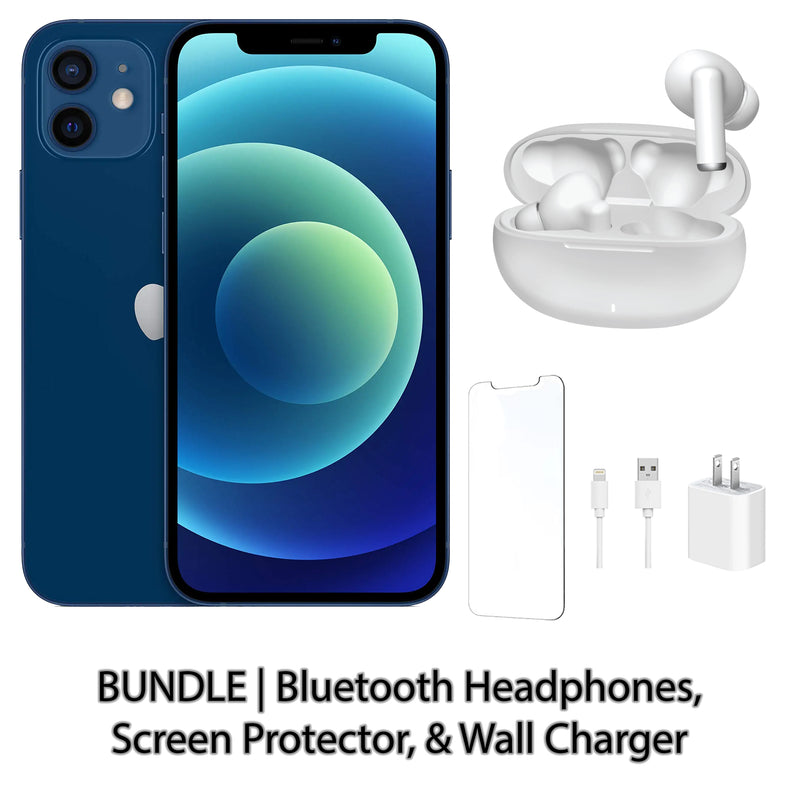 Restored Apple iPhone 12 Fully Unlocked Bundle: Bluetooth Headphones, Screen Protector, & Wall Charger (Refurbished)