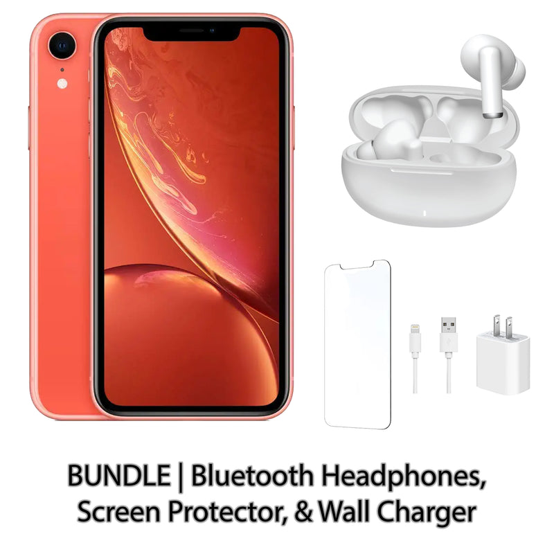 Restored Apple iPhone XR Fully Unlocked Bundle: Bluetooth Headphones, Screen Protector, & Wall Charger (Refurbished)