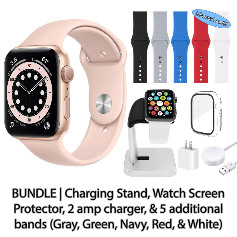 Restored Apple Watch Series 6 (GPS) Bundle 5 Bonus Bands, Charging Stand, Screen Protector, & 2 amp charger (Refurbished)