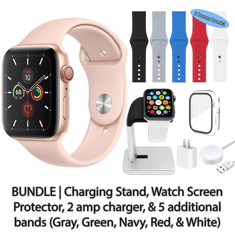 Restored Apple Watch Series 5 (GPS) Bundle 5 Bonus Bands, Charging Stand, Screen Protector, & 2 amp charger (Refurbished)